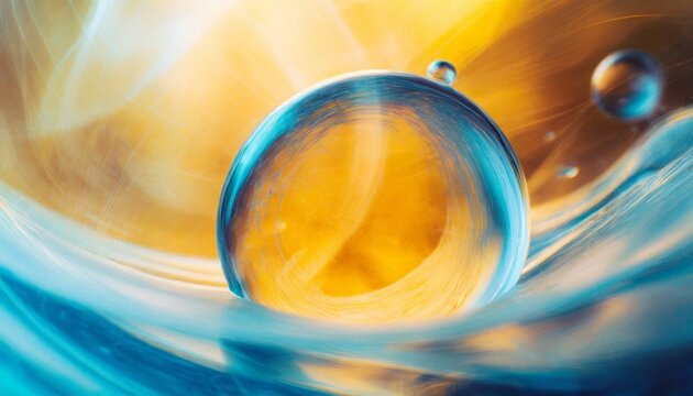 Swirling bubbles implode in a transparent blue liquid, creating a mesmerizing dance of motion and light, as cavitation ripples send delicate shockwaves through the serene fluid.