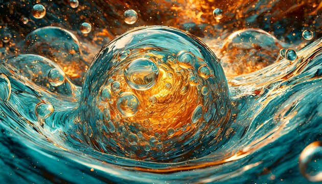 Swirling bubbles implode in a transparent blue liquid, creating a mesmerizing dance of motion and light, as cavitation ripples send delicate shockwaves through the serene fluid.