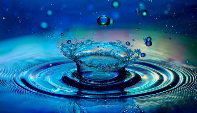Swirling bubbles implode in a transparent blue liquid, creating a mesmerizing dance of motion and light, as cavitation ripples send delicate shockwaves through the serene fluid.