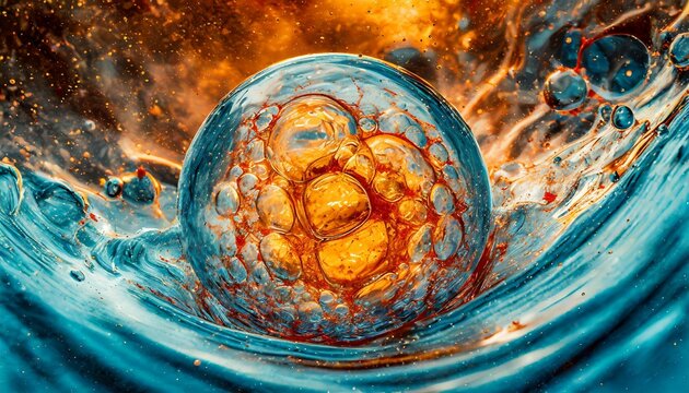 Swirling bubbles implode in a transparent blue liquid, creating a mesmerizing dance of motion and light, as cavitation ripples send delicate shockwaves through the serene fluid.