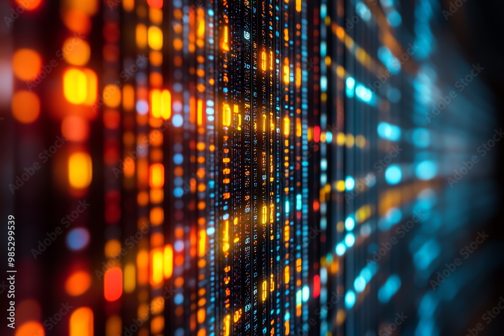 Aufkleber Abstract background of bright orange and blue lights in server room with blurred and glowing rows of data.