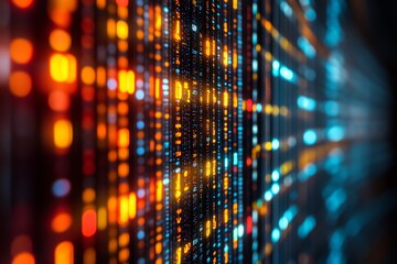 Abstract background of bright orange and blue lights in server room with blurred and glowing rows of data.