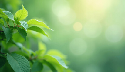 Fototapeta premium Spring, autumn background. Branch with green leaves on blur and bokeh background with golden sun light. AI generated.