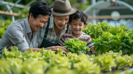Several Asian farmers working together in a hydroponics system on a vegetable farm. In a greenhouse garden, grandparents teach their grandchildren how to grow and care for organic lettuce vegetables.