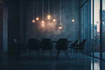 Modern and minimalist interior of a dining room with a table and chair