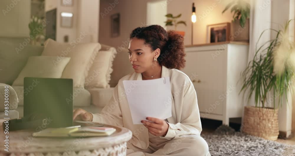 Poster woman, document and laptop on floor in home with multitasking, freelance writer and creative process