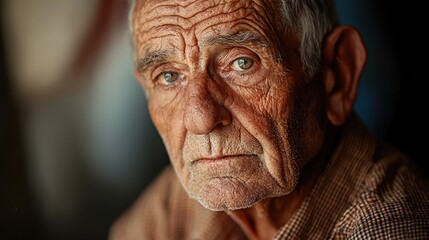 Close-up portrait of an elderly man with wrinkles and grey hair.