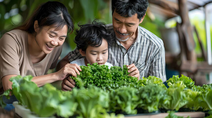 Several Asian farmers working together in a hydroponics system on a vegetable farm. In a greenhouse garden, grandparents teach their grandchildren how to grow and care for organic lettuce vegetables.