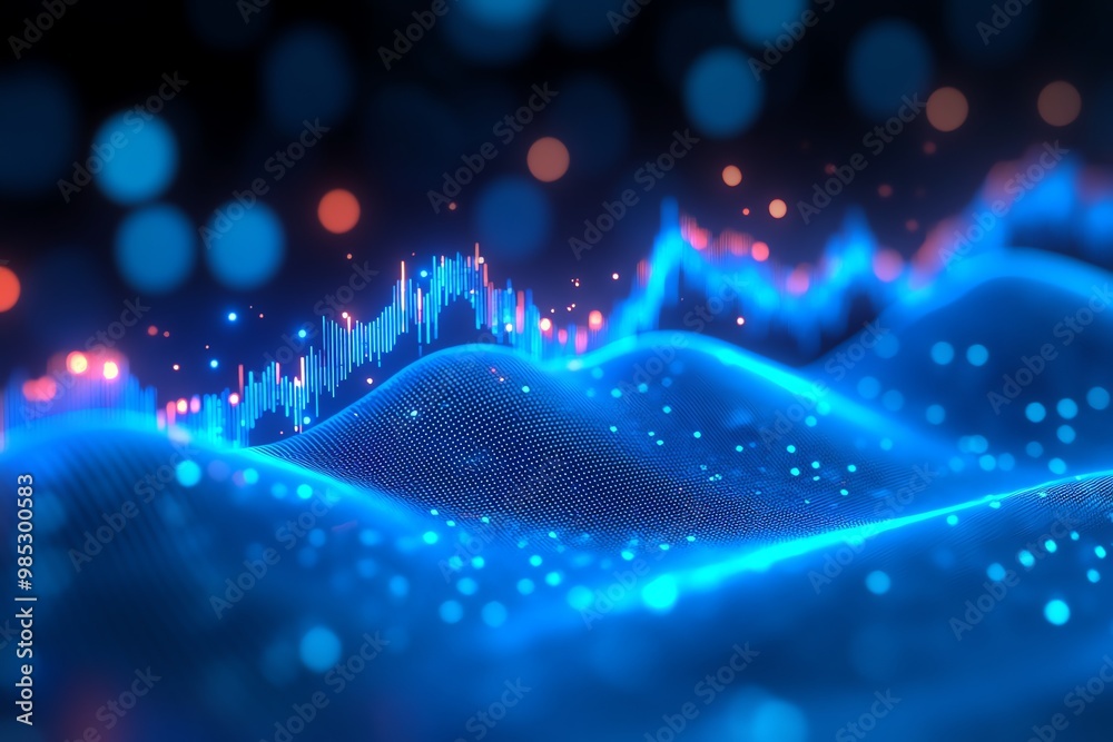 Poster abstract blue glowing wave with red highlights and bokeh lights.