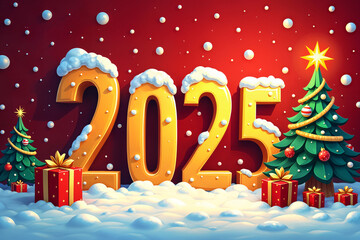 Festive scene with the number 2025 prominently displayed, surrounded by Christmas trees and snowflakes.