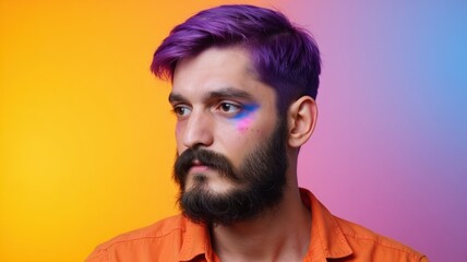 Obraz premium Young Middle Eastern nonbinary man with colorful makeup and purple hair against a vibrant orange and pink background.