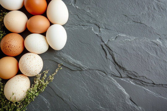 A variety of eggs on a slate background - Powered by Adobe