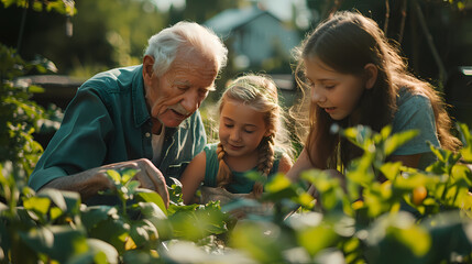 Fototapeta premium Grandparents and granddaughter gardening in the backyard