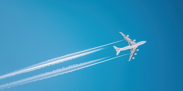 White aircraft at distance, contrails in clear blue sky, distant flight, altitude, blue horizon, transportation, passenger journey, aviation, fly, jet, space, air travel, aerial view, remote, blue