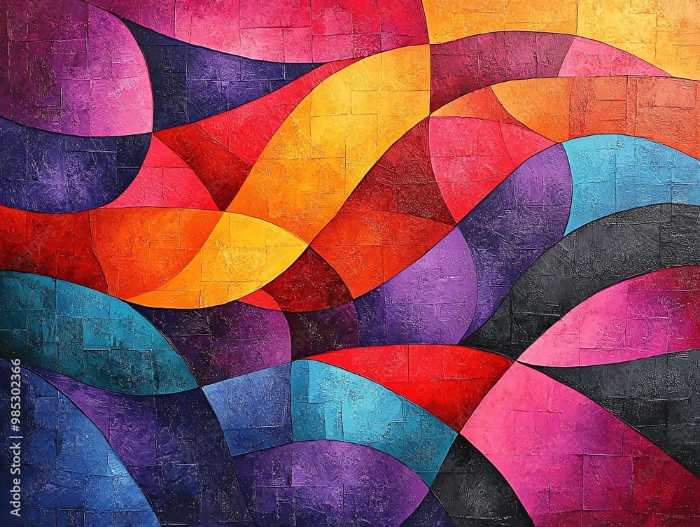 Poster abstract colorful painting with curved shapes and textured background.