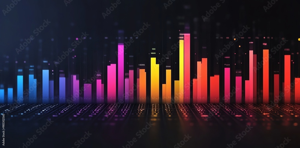 Poster Abstract data visualization with colorful bars and numbers against a dark background.
