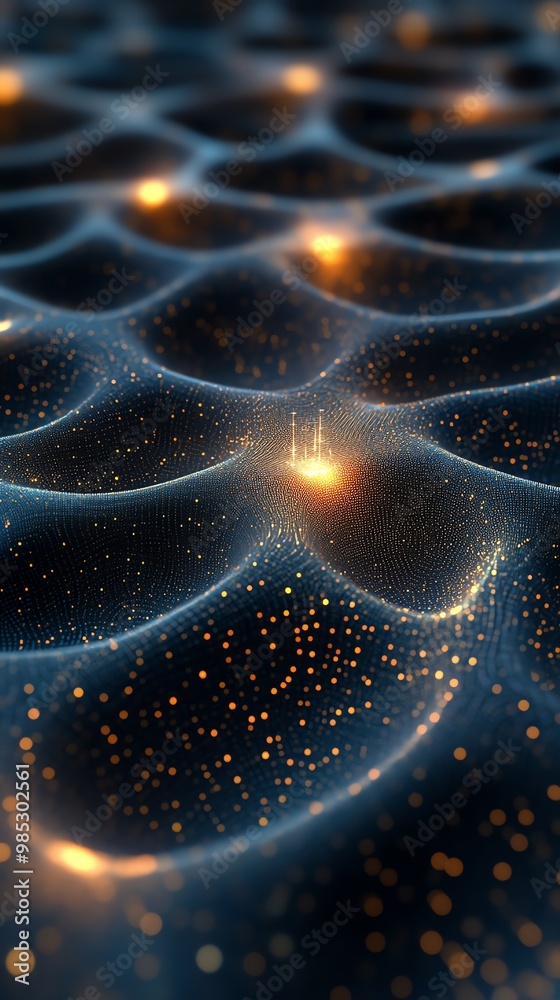 Poster abstract dark blue background with a glowing yellow light in the center and small, bright dots scatt