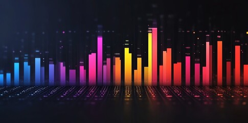 Abstract data visualization with colorful bars and numbers against a dark background.