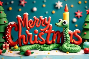 Festive holiday scene with a large, green snake sitting near the words Merry Christmas, which is written in red letters. The background includes Christmas trees and stars.