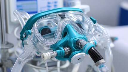 Medical oxygen mask and ventilator equipment, showing detailed parts in a hospital setting