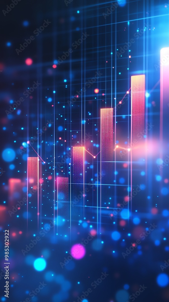 Poster abstract digital background with glowing bars, a grid, and bokeh lights.