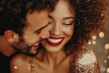 close-up shot of an elegant couple, the woman with curly hair and red lipstick in a glittering dress laughing joyfully with confetti falls around them 