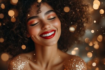 close-up shot of an elegant couple, the woman with curly hair and red lipstick in a glittering dress laughing joyfully with confetti falls around them 