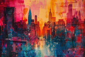 A painting of a cityscape with a large building in the middle