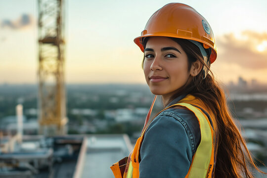 Hispanic female construction worker with safety helmet on, industrial building site, prioritising safety and visibility
