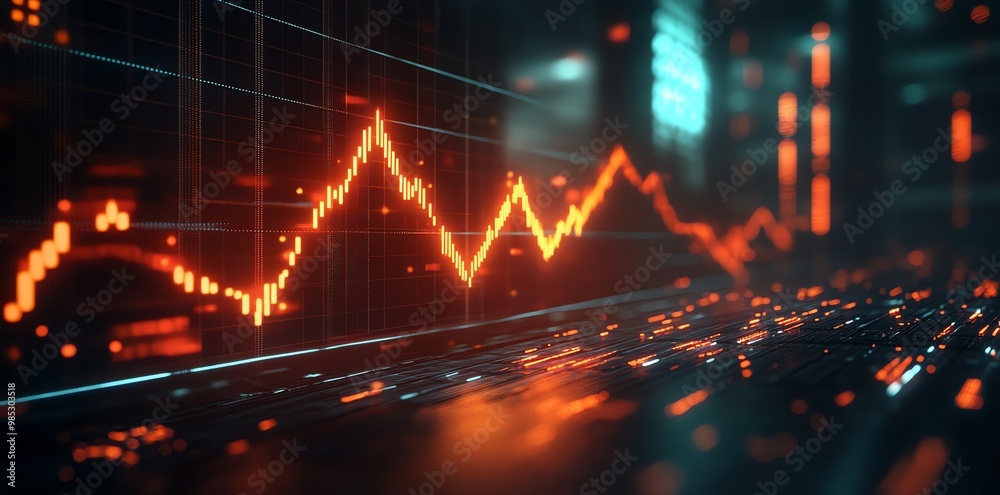 Fototapete Abstract digital chart with an orange line graph on a grid background.