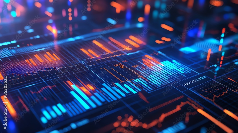 Poster Abstract digital chart with blue and orange lines, showing growth and statistics.