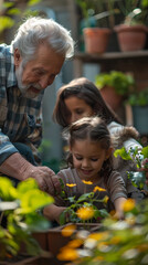 Grandparents and granddaughter gardening in the backyard