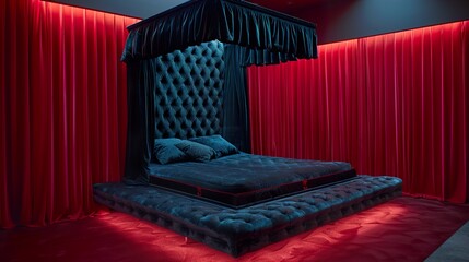 Luxurious Velvet Canopy Bed with Red Curtains - Interior Design Inspiration