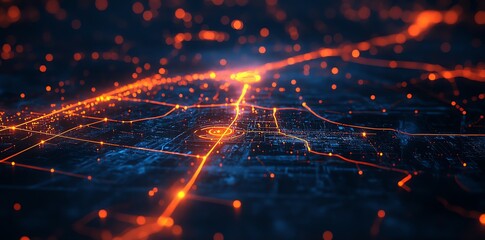 Obraz premium Abstract digital city with glowing orange lines and lights.