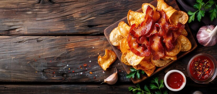 Potato Crisps With Backon Flavour With Grilled Bacon Rashers On Vintage Chopping Board With Garlic And Sauce On Wood Background