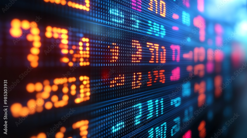 Poster Abstract digital display of numbers and data with red, blue, and orange lights in a blurred, shallow depth of field.