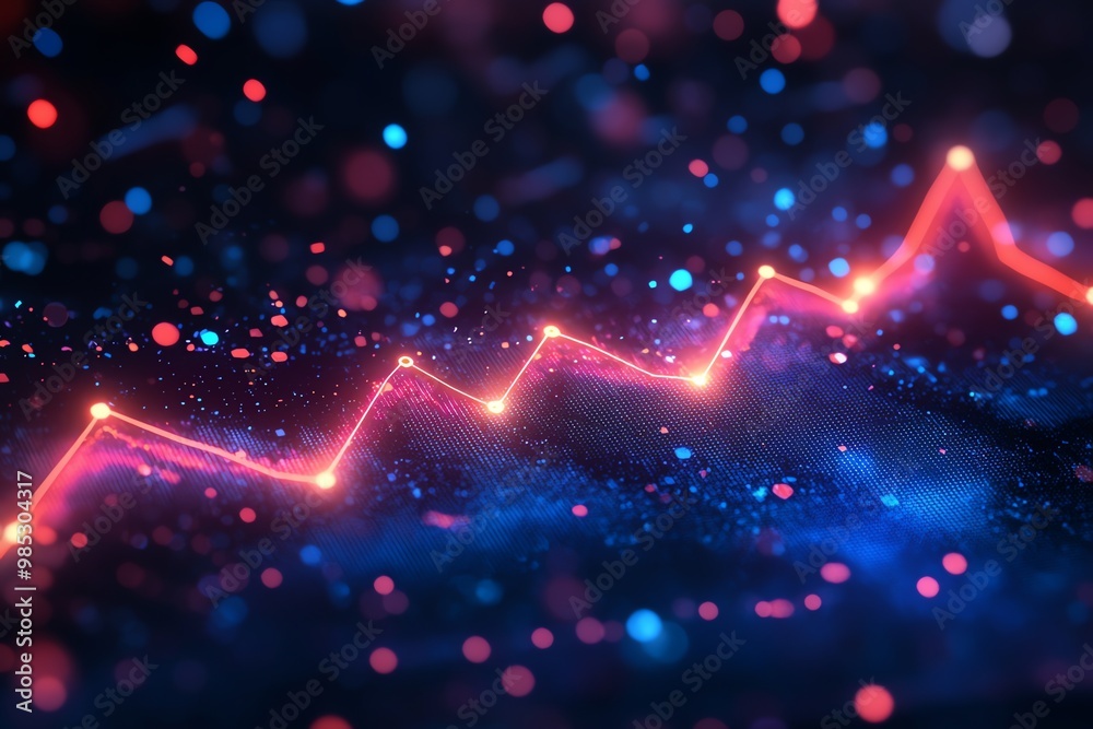 Aufkleber Abstract digital graph with a red line rising up against a blue background with bokeh.