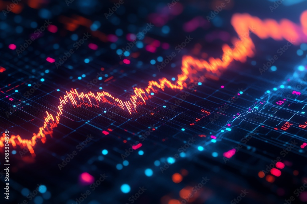 Poster abstract digital grid with glowing red line.