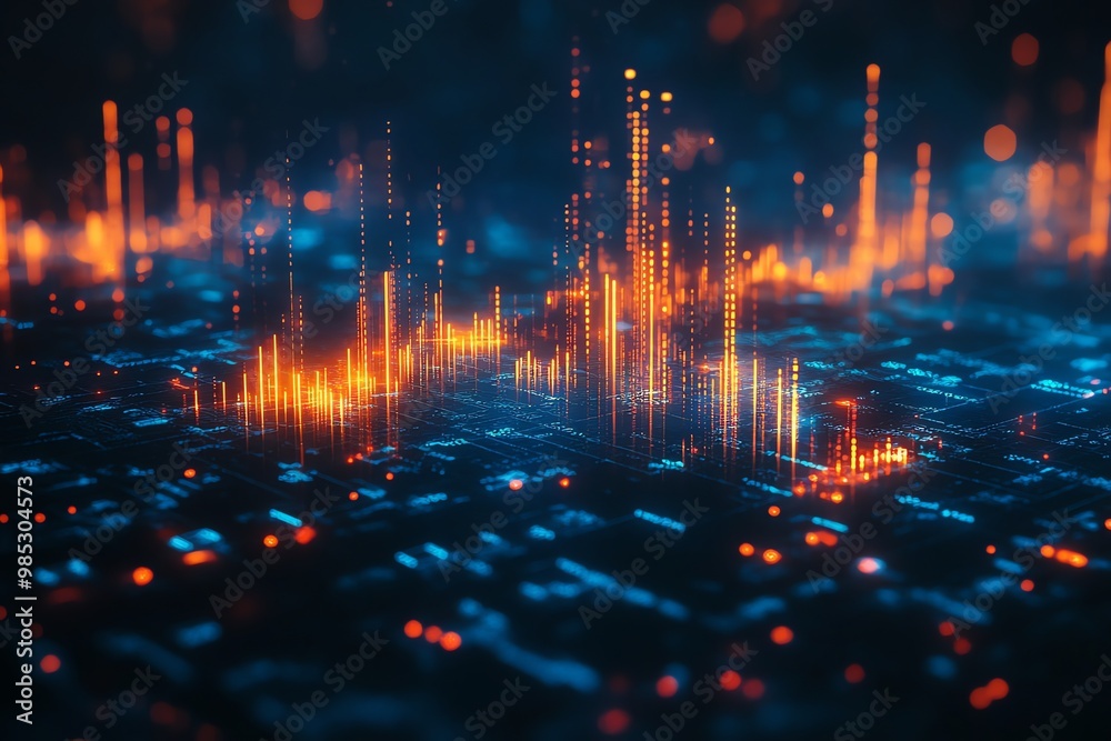 Poster abstract futuristic background with glowing orange and blue lines on a dark background.