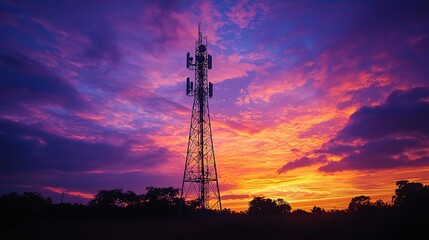 Telecommunications tower silhouetted against a vibrant sunset sky.