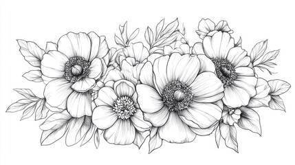 Spring Flower Line Drawings Black and White Floral Bouquets Flower Coloring Page Elegant Floral Line Art Hand Drawn Botanical Illustrations Ideal for Coloring and Invitations