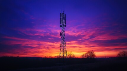 A tall cell tower silhouetted against a vibrant sunset sky with pink and purple hues.