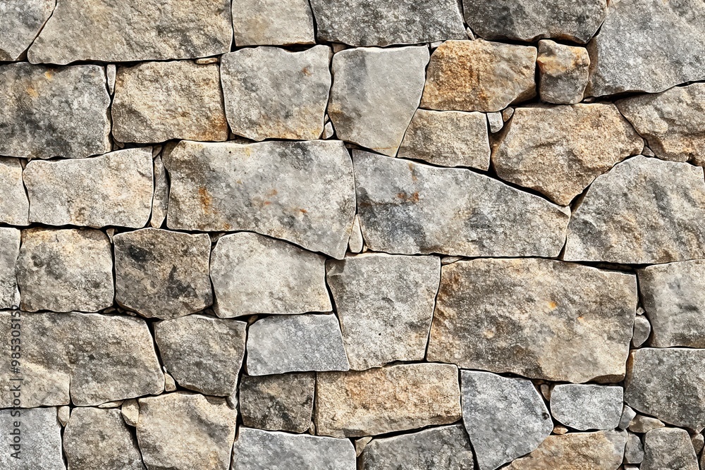 Poster close-up of a granite stone wall with a textured, stacked pattern. rough, natural surface of stone b