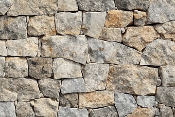 Fototapeta premium Close-up of a granite stone wall with a textured, stacked pattern. Rough, natural surface of stone blocks. Background for construction, architecture, and interior design.