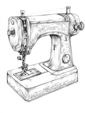 recommend clip art: Line art illustration of a vintage sewing machine in a detailed line drawing style