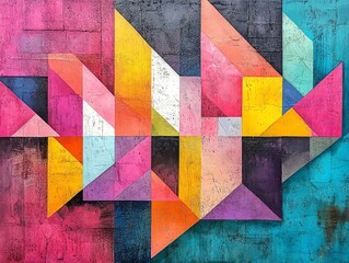 Fototapeta premium Abstract geometric painting in pink, yellow, and blue tones on a textured canvas.