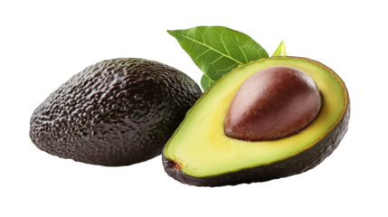 Halved avocados reveal their smooth, creamy green flesh and a deep brown pit, perfect for adding to nutritious meals and colorful dishes.