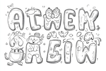 Line art illustration of an alphabet A Z exercise designed for children s coloring books featuring fun cartoon characters