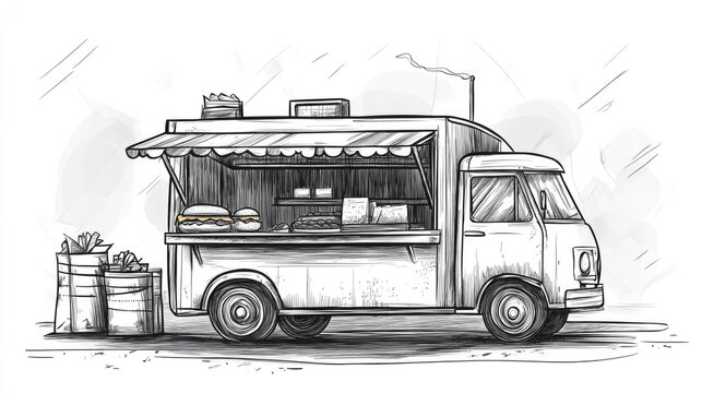 recommend clip art: Line art illustration of a closed burger van at a street fairground