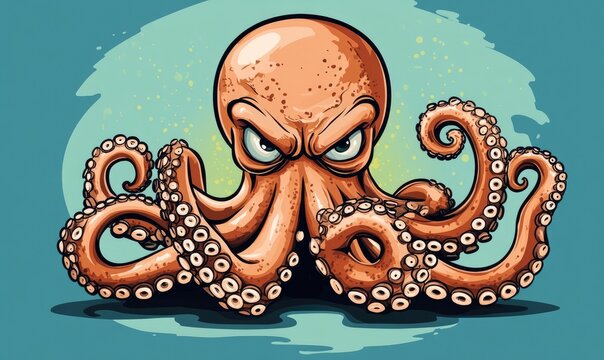 recommend clip art: Cartoon illustration of a monstrous octopus in a line art style